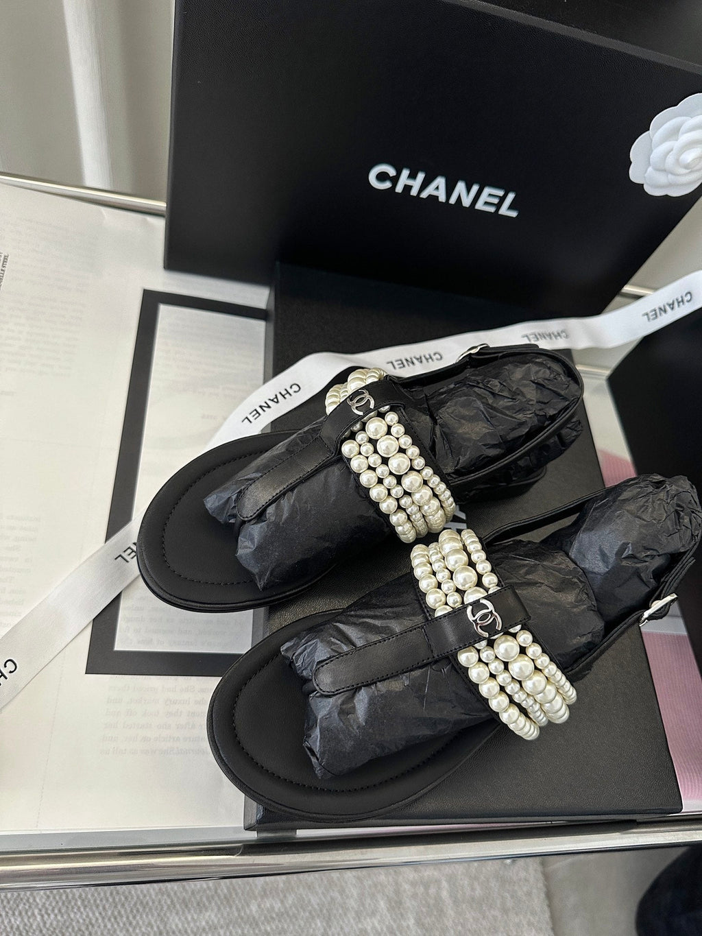 CHANEL CLASSIC THONG SANDALS PEARL CHAIN IN BLACK LAMBSKIN