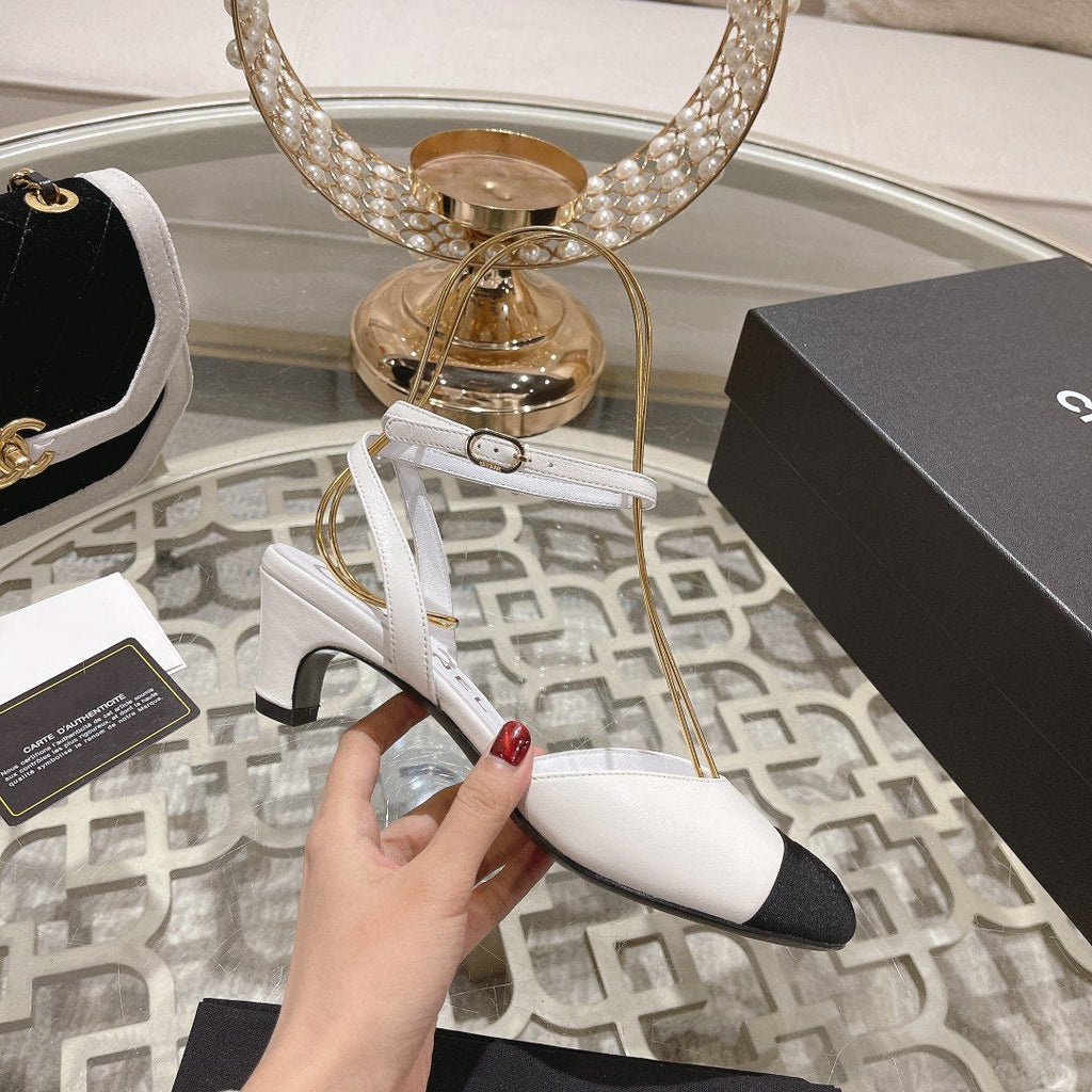 CHANEL high slingbacks white black lambskin grosgrain