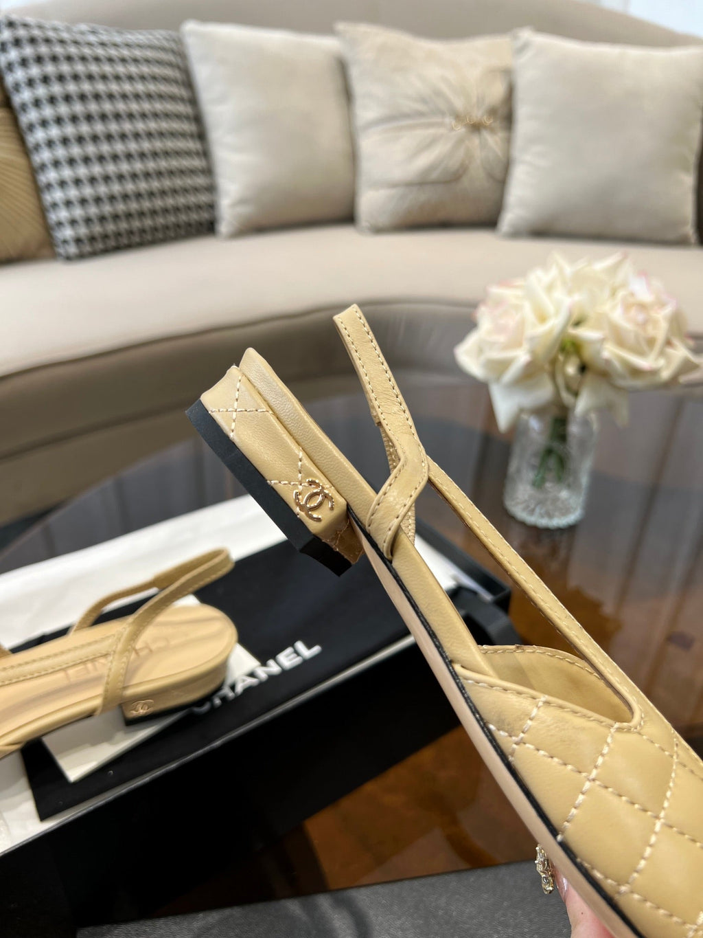 CHANEL slingbacks beige quilted calfskin
