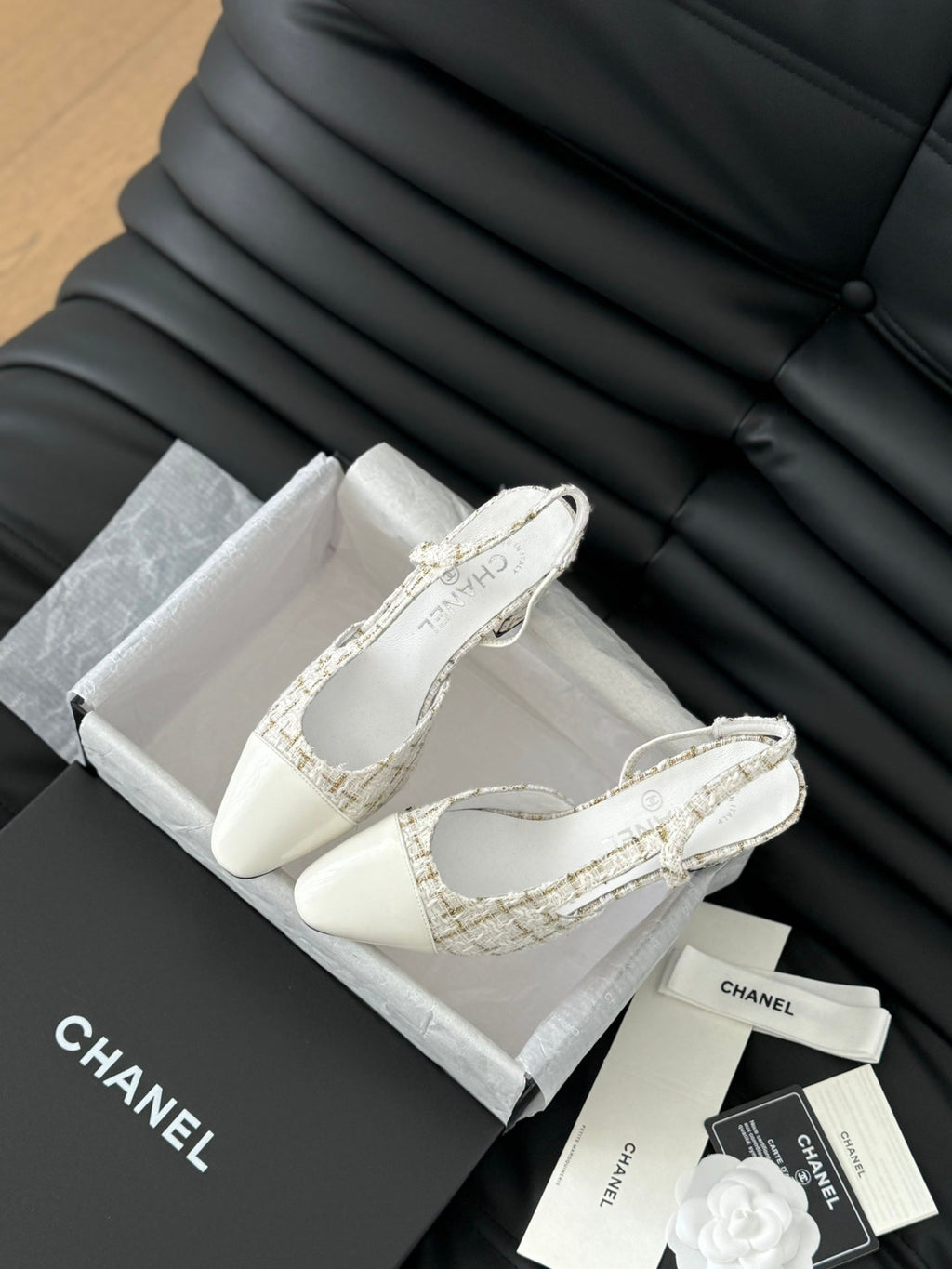 CHANEL HIGH SLINGBACK IN WHITE TWEED AND LAMBSKIN
