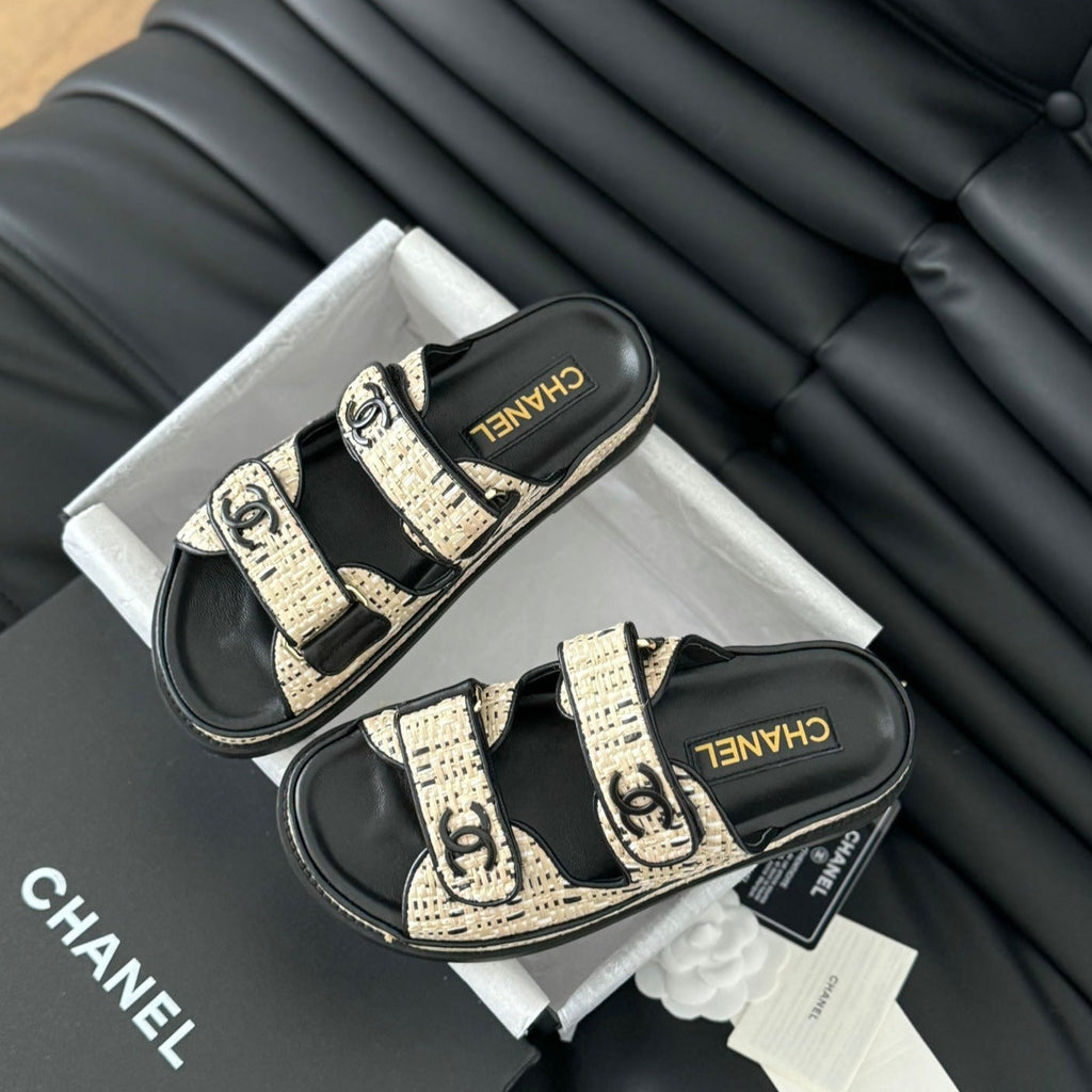 CHANEL Mule Sandals Sheepskin Beige Black