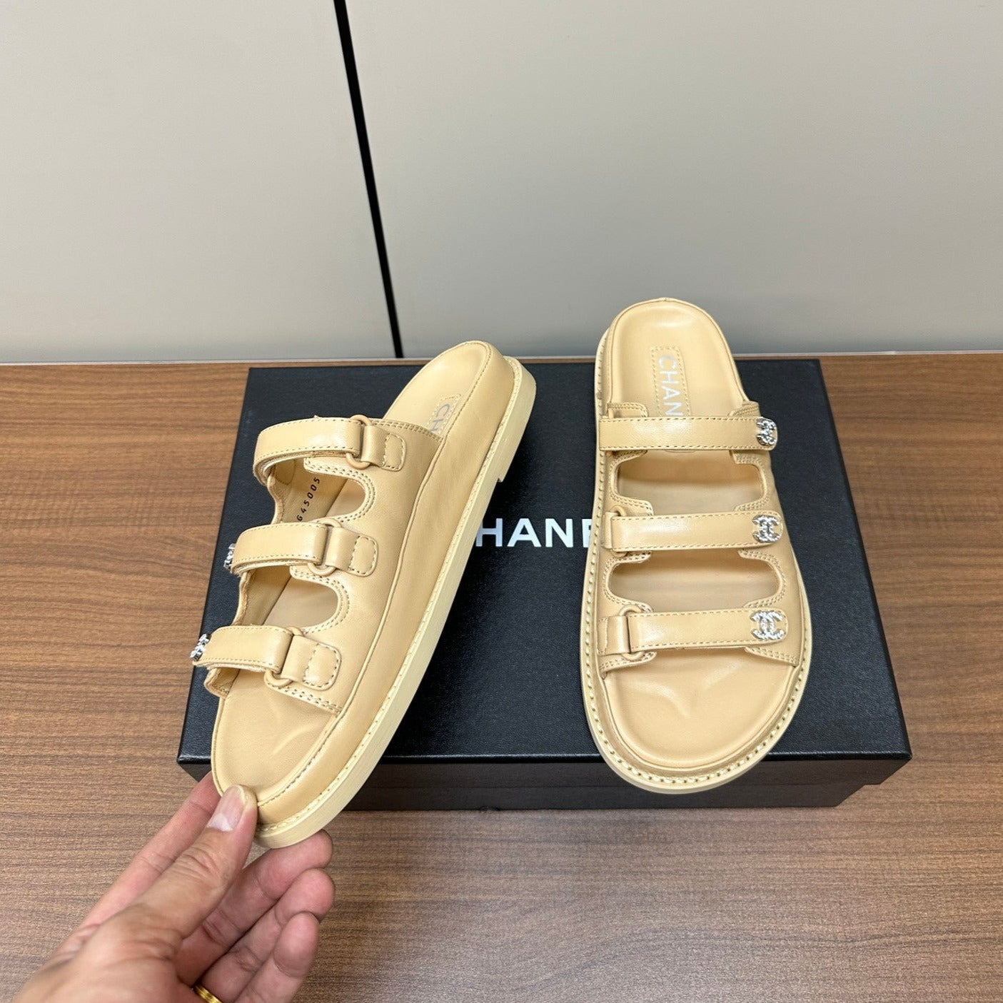 CHANEL dad sandals cream 3 rows lambskin mules
