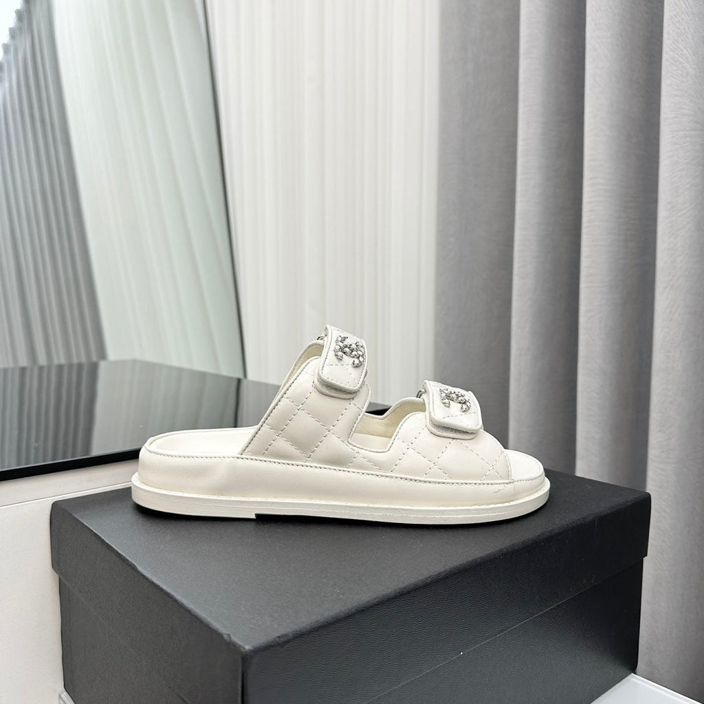 CHANEL dad sandals white lambskin interwoven leather