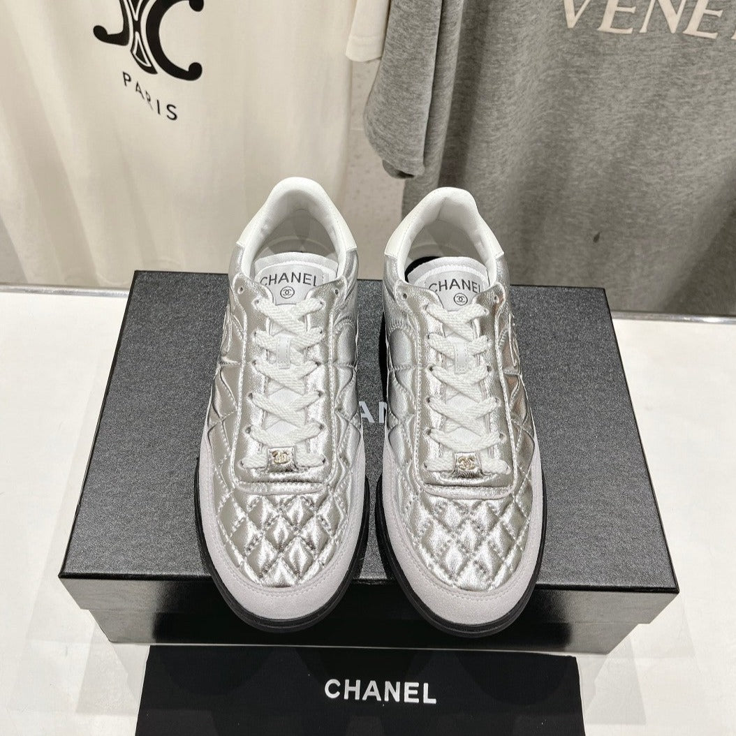 CHANEL Double C  New Quilted Panda Shoes Silver Sheepskin